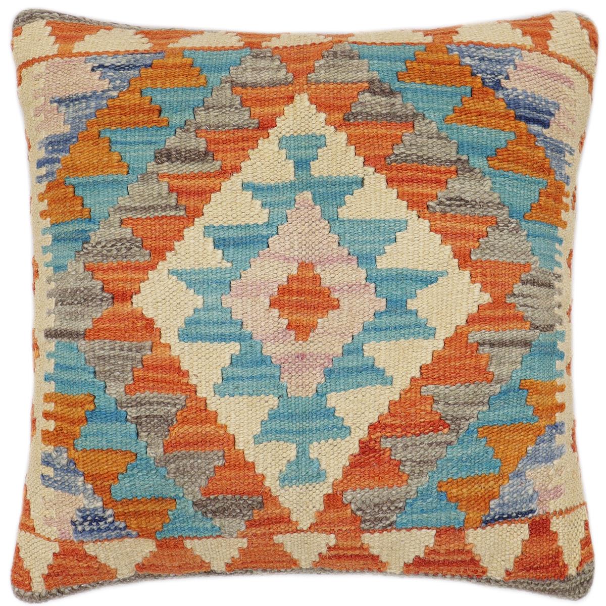 handmade Traditional Pillow Rust Blue Hand-Woven SQUARE 100% WOOL  Hand woven turkish pillow  2 x 2
