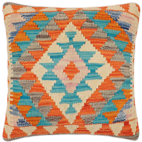 handmade Traditional Pillow Rust Blue Hand-Woven SQUARE 100% WOOL  Hand woven turkish pillow  2 x 2