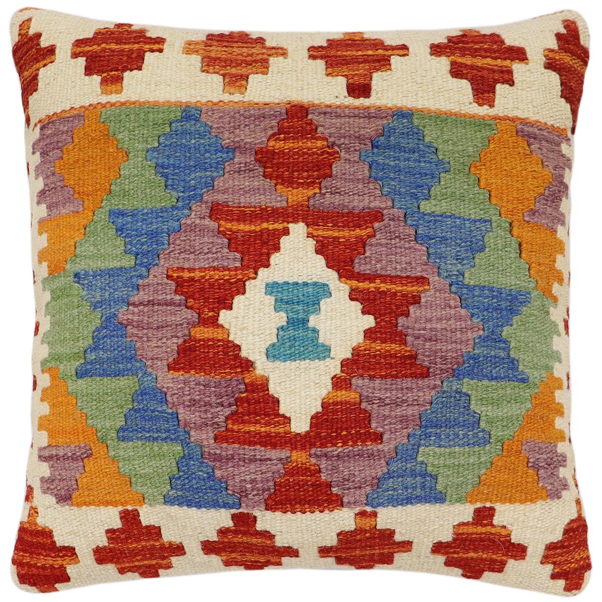 handmade Traditional Pillow Rust Blue Hand-Woven SQUARE 100% WOOL Hand woven turkish pillow2' x 2'