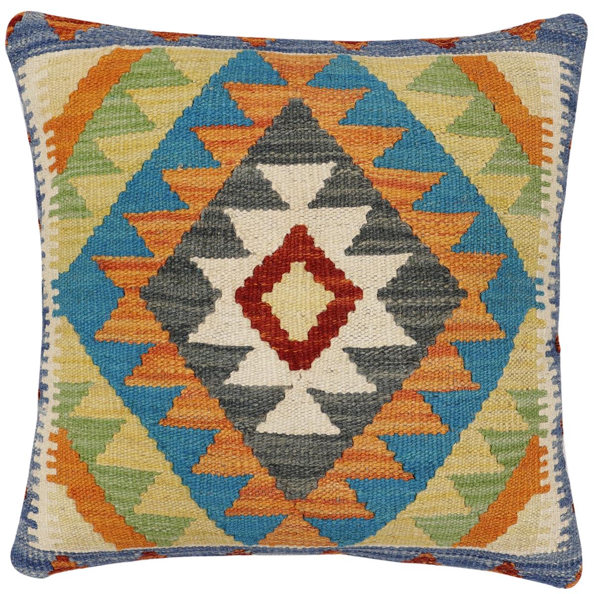 handmade Traditional Pillow Rust Blue Hand-Woven SQUARE 100% WOOL Hand woven turkish pillow2' x 2'