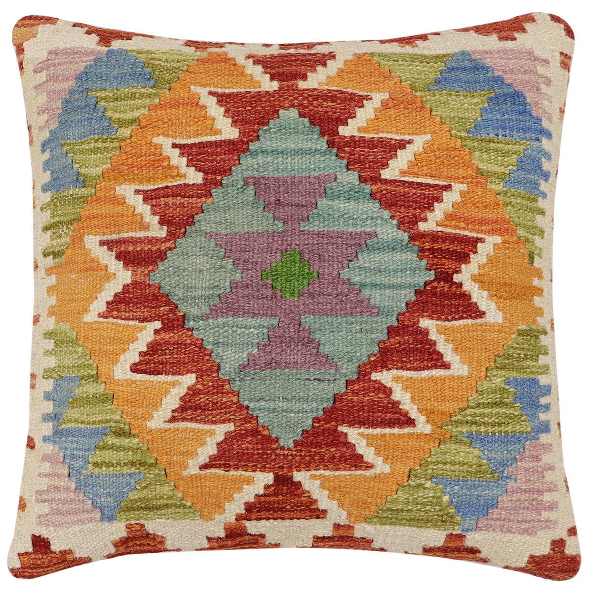 handmade Traditional Pillow Rust Blue Hand-Woven SQUARE 100% WOOL  Hand woven turkish pillow  2 x 2