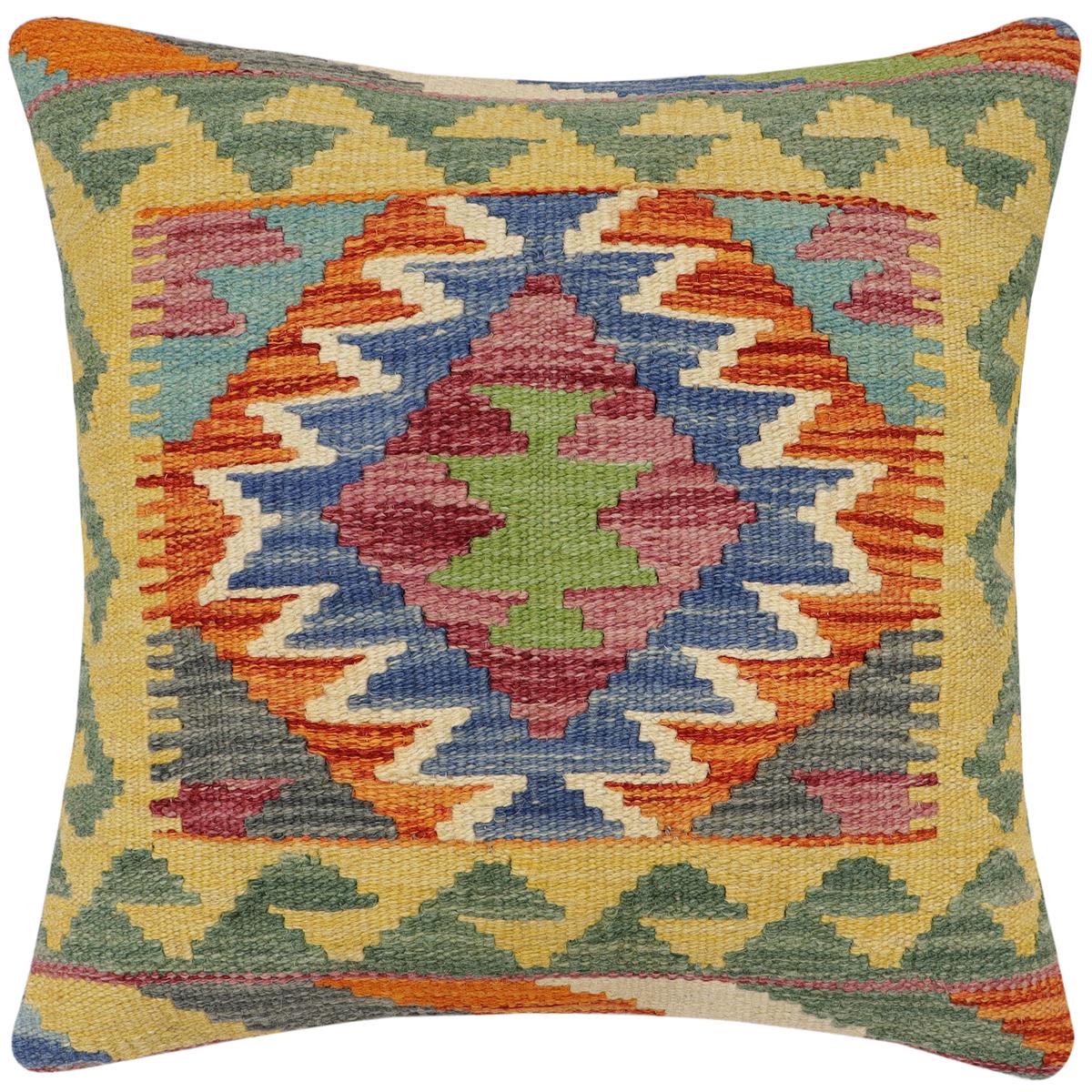 handmade Traditional Pillow Rust Blue Hand-Woven SQUARE 100% WOOL Hand woven turkish pillow2' x 2'