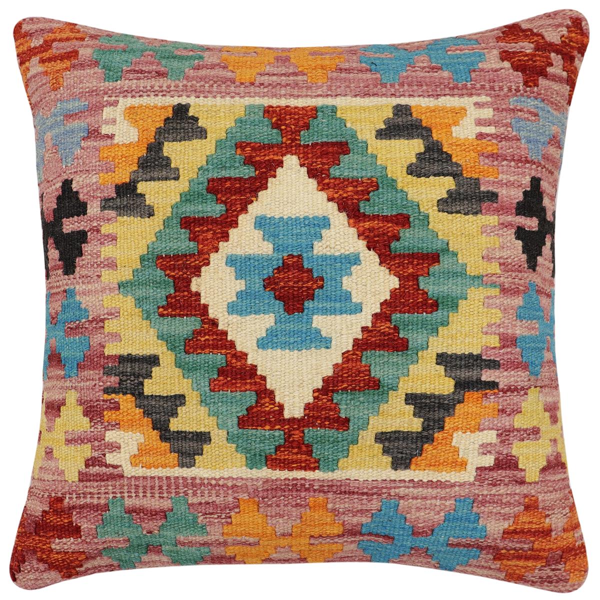 handmade Traditional Pillow Rust Blue Hand-Woven SQUARE 100% WOOL Hand woven turkish pillow2' x 2'