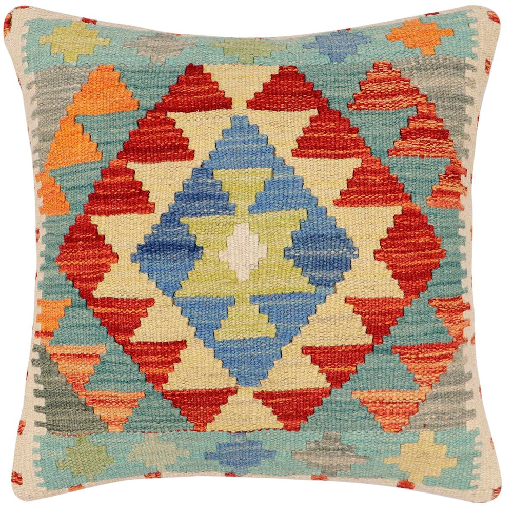 handmade Traditional Pillow Rust Blue Hand-Woven SQUARE 100% WOOL Hand woven turkish pillow2' x 2'