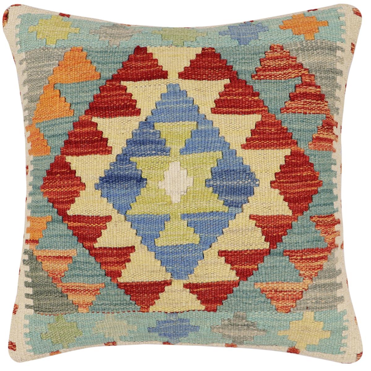 handmade Traditional Pillow Rust Blue Hand-Woven SQUARE 100% WOOL Hand woven turkish pillow2' x 2'