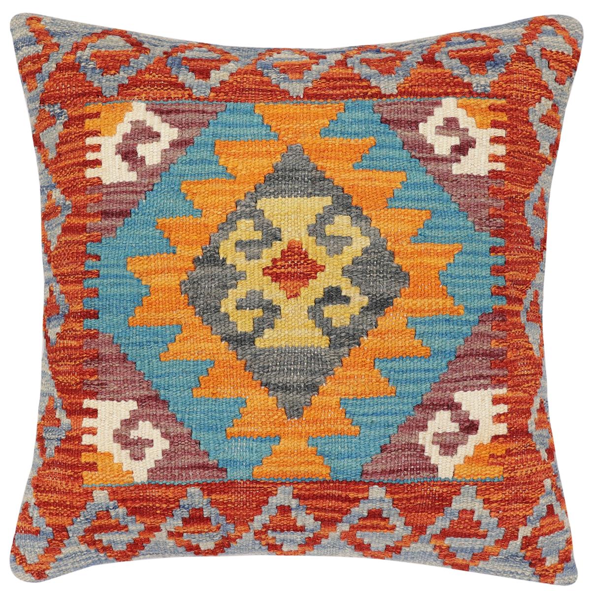 handmade Traditional Pillow Rust Blue Hand-Woven SQUARE 100% WOOL Hand woven turkish pillow2' x 2'