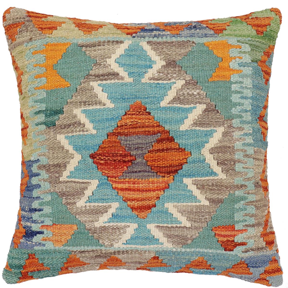 handmade Traditional Pillow Rust Blue Hand-Woven SQUARE 100% WOOL Hand woven turkish pillow2' x 2'