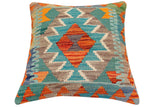 handmade Traditional Pillow Rust Blue Hand-Woven SQUARE 100% WOOL Hand woven turkish pillow2' x 2'