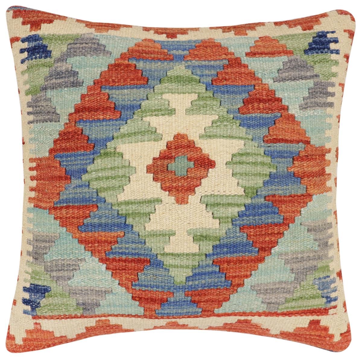 handmade Traditional Pillow Rust Blue Hand-Woven SQUARE 100% WOOL  Hand woven turkish pillow  2 x 2