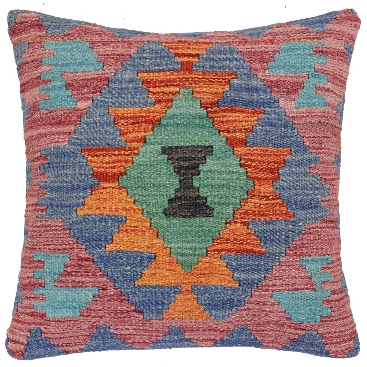 handmade Traditional Pillow Rust Blue Hand-Woven SQUARE 100% WOOL Hand woven turkish pillow2' x 2'