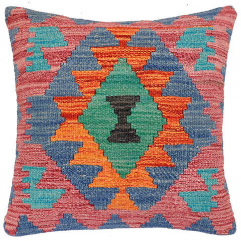 handmade Traditional Pillow Rust Blue Hand-Woven SQUARE 100% WOOL Hand woven turkish pillow2 x 2