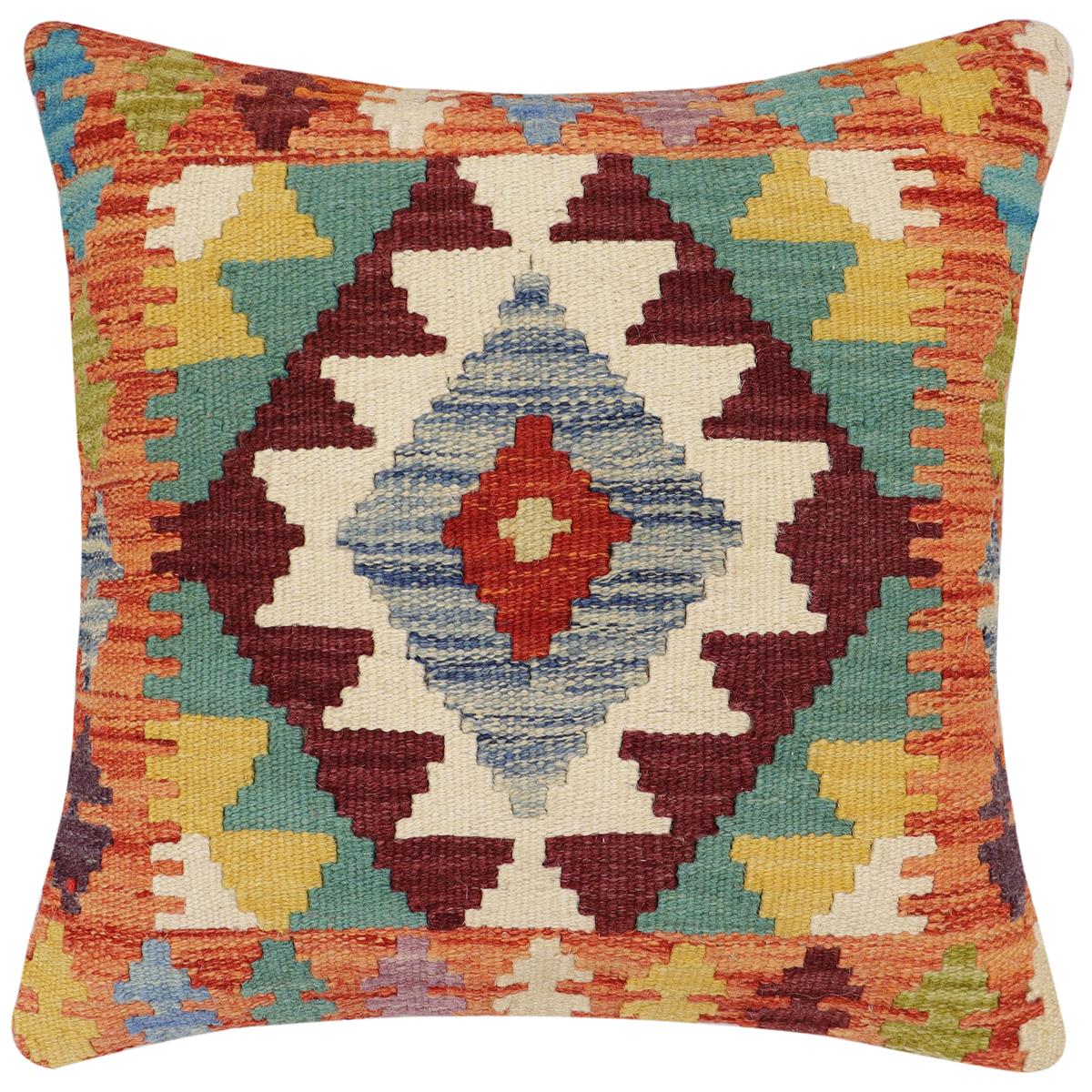 handmade Traditional Pillow Rust Blue Hand-Woven SQUARE 100% WOOL Hand woven turkish pillow2' x 2'