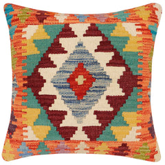handmade Traditional Pillow Rust Blue Hand-Woven SQUARE 100% WOOL Hand woven turkish pillow2' x 2'
