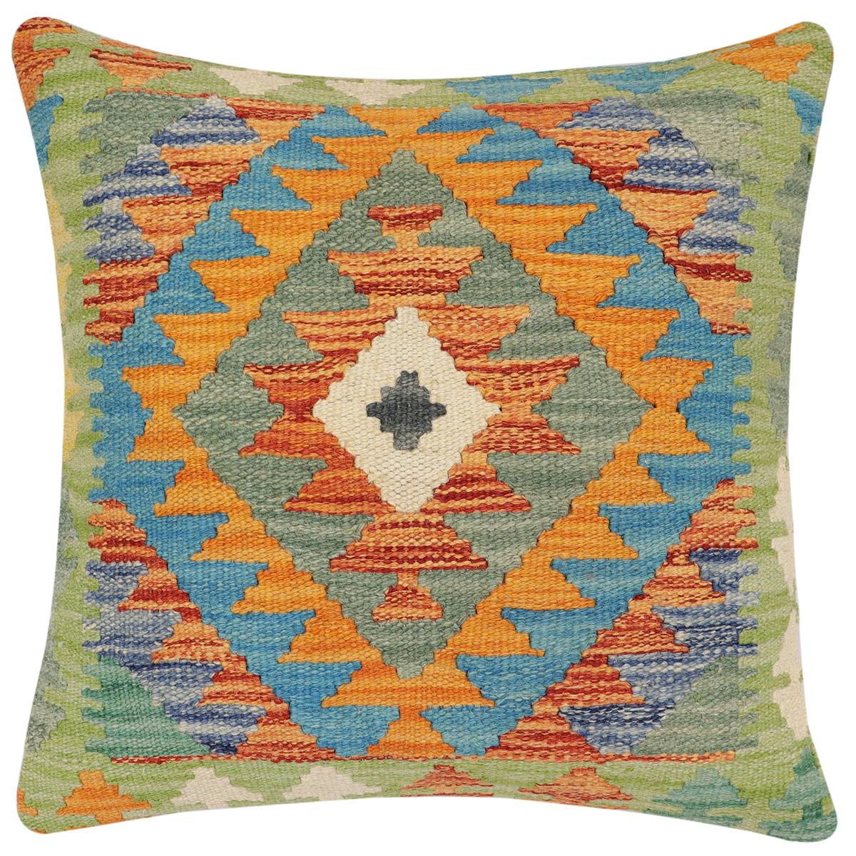 handmade Traditional Pillow Rust Blue Hand-Woven SQUARE 100% WOOL Hand woven turkish pillow2' x 2'