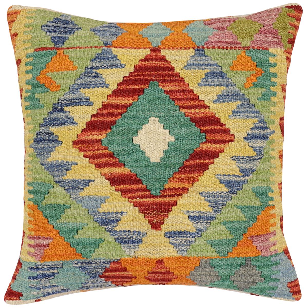 handmade Traditional Pillow Rust Blue Hand-Woven SQUARE 100% WOOL  Hand woven turkish pillow  2 x 2