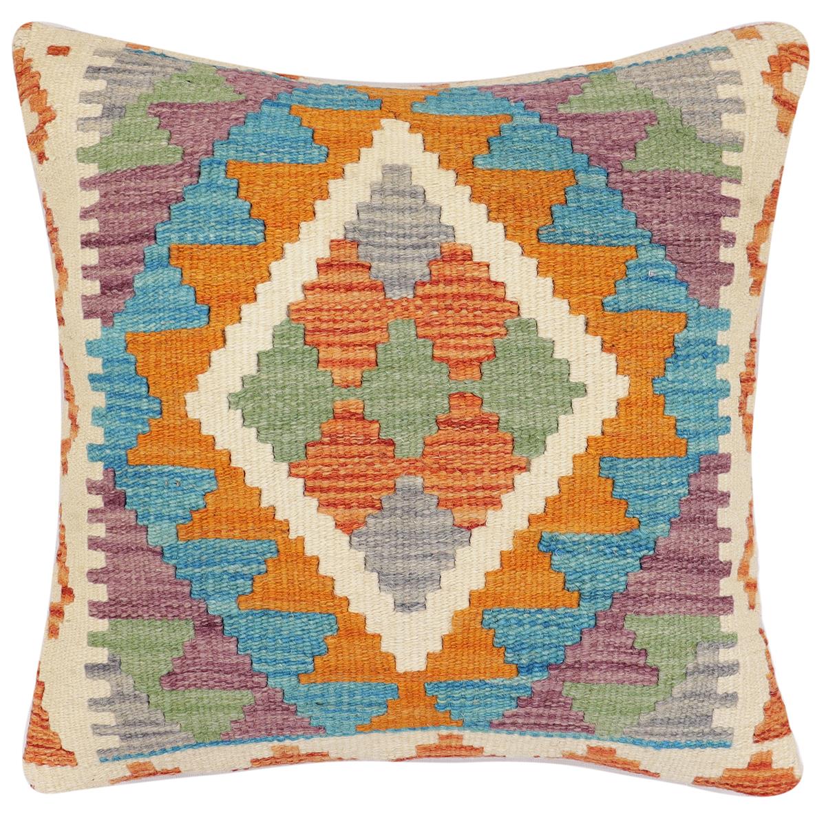 handmade Traditional Pillow Rust Blue Hand-Woven SQUARE 100% WOOL Hand woven turkish pillow2' x 2'
