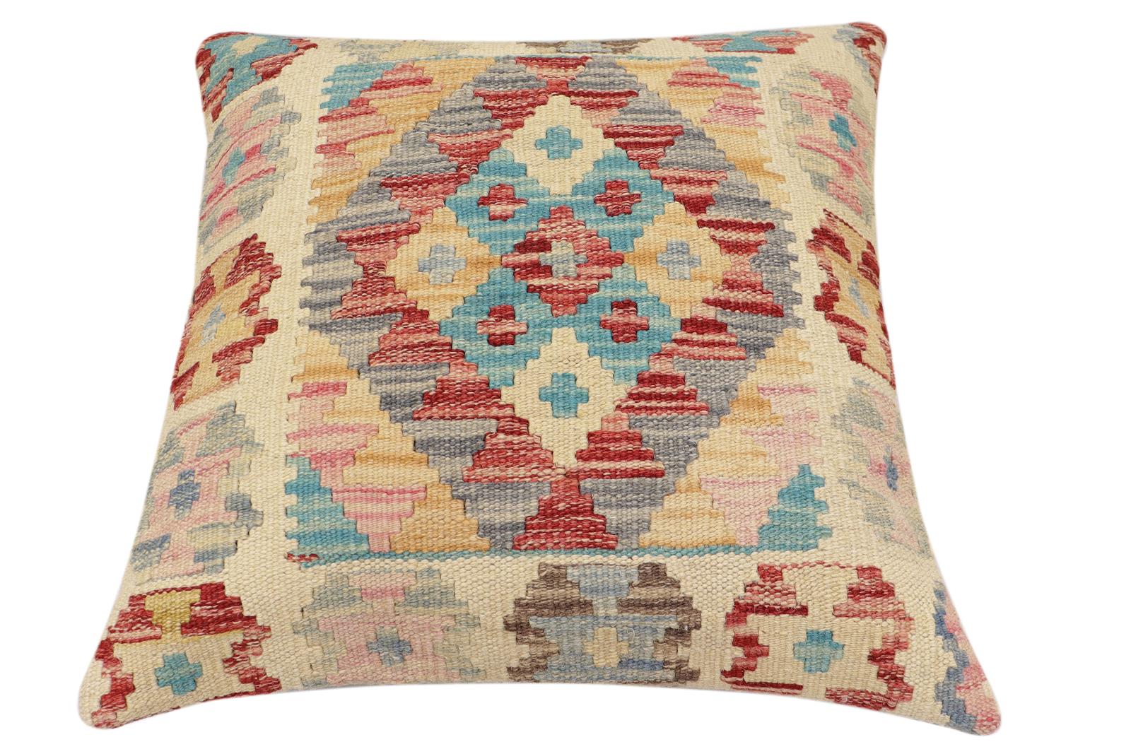 handmade Traditional Pillow Red Blue Hand-Woven SQUARE 100% WOOL Hand woven turkish pillow2' x 2'