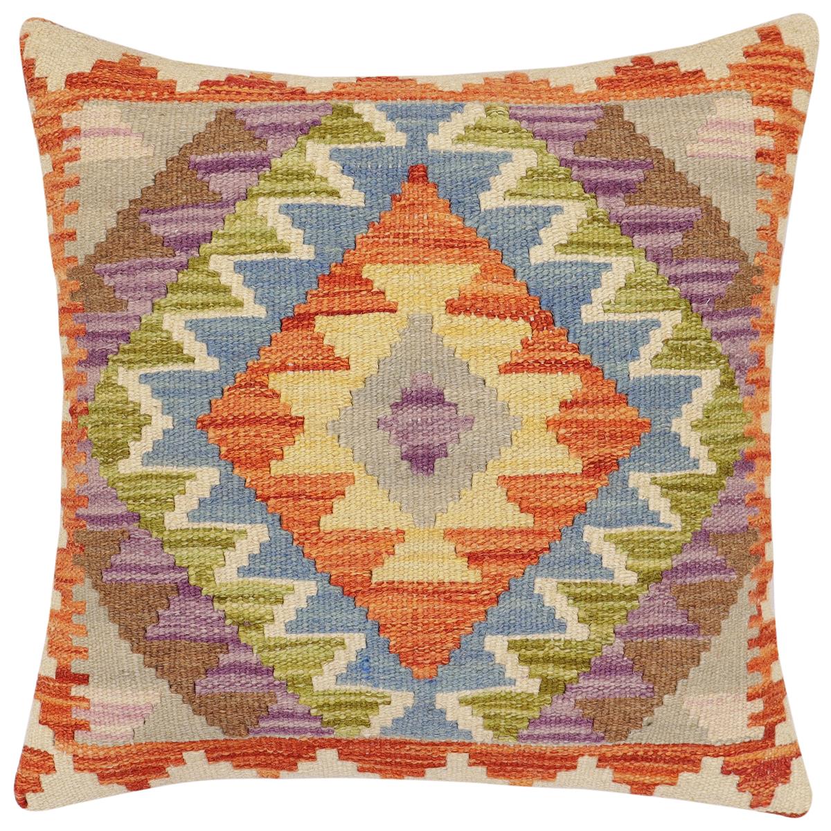 handmade Traditional Pillow Rust Blue Hand-Woven SQUARE 100% WOOL  Hand woven turkish pillow  2 x 2