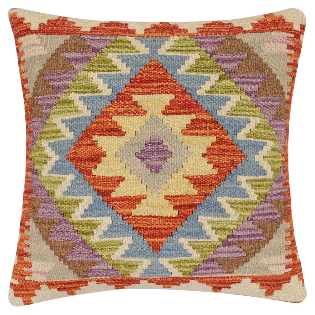 handmade Traditional Pillow Rust Blue Hand-Woven SQUARE 100% WOOL Hand woven turkish pillow2' x 2'