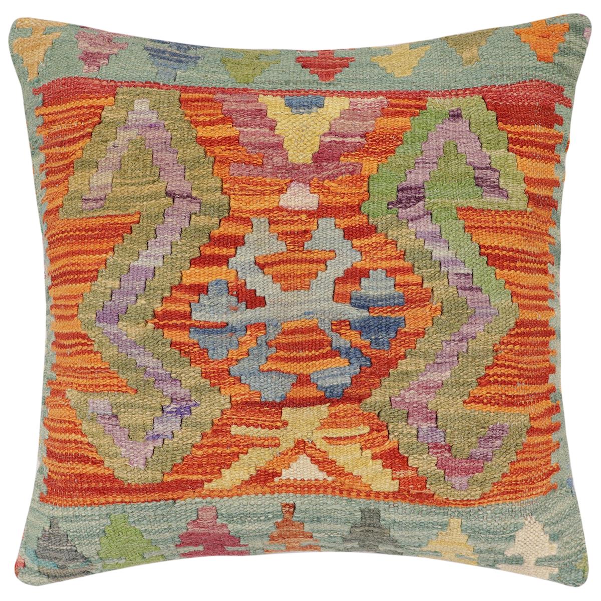 handmade Traditional Pillow Rust Blue Hand-Woven SQUARE 100% WOOL Hand woven turkish pillow2' x 2'