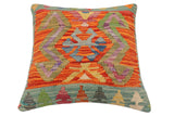 handmade Traditional Pillow Rust Blue Hand-Woven SQUARE 100% WOOL Hand woven turkish pillow2' x 2'