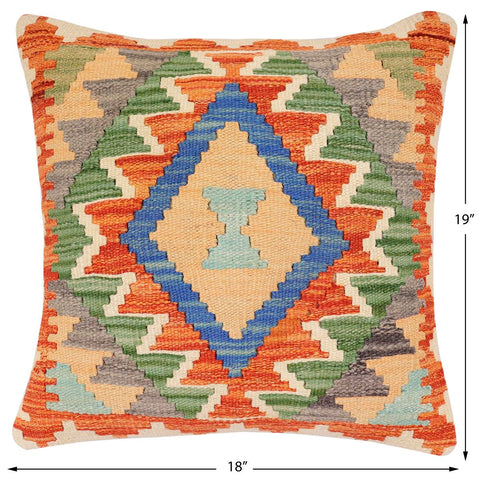 handmade Traditional Pillow Rust Blue Hand-Woven SQUARE 100% WOOL  Hand woven turkish pillow  2 x 2