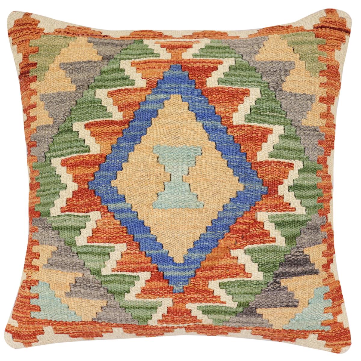 handmade Traditional Pillow Rust Blue Hand-Woven SQUARE 100% WOOL  Hand woven turkish pillow  2 x 2