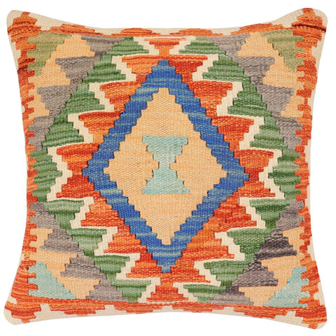 handmade Traditional Pillow Rust Blue Hand-Woven SQUARE 100% WOOL  Hand woven turkish pillow  2 x 2
