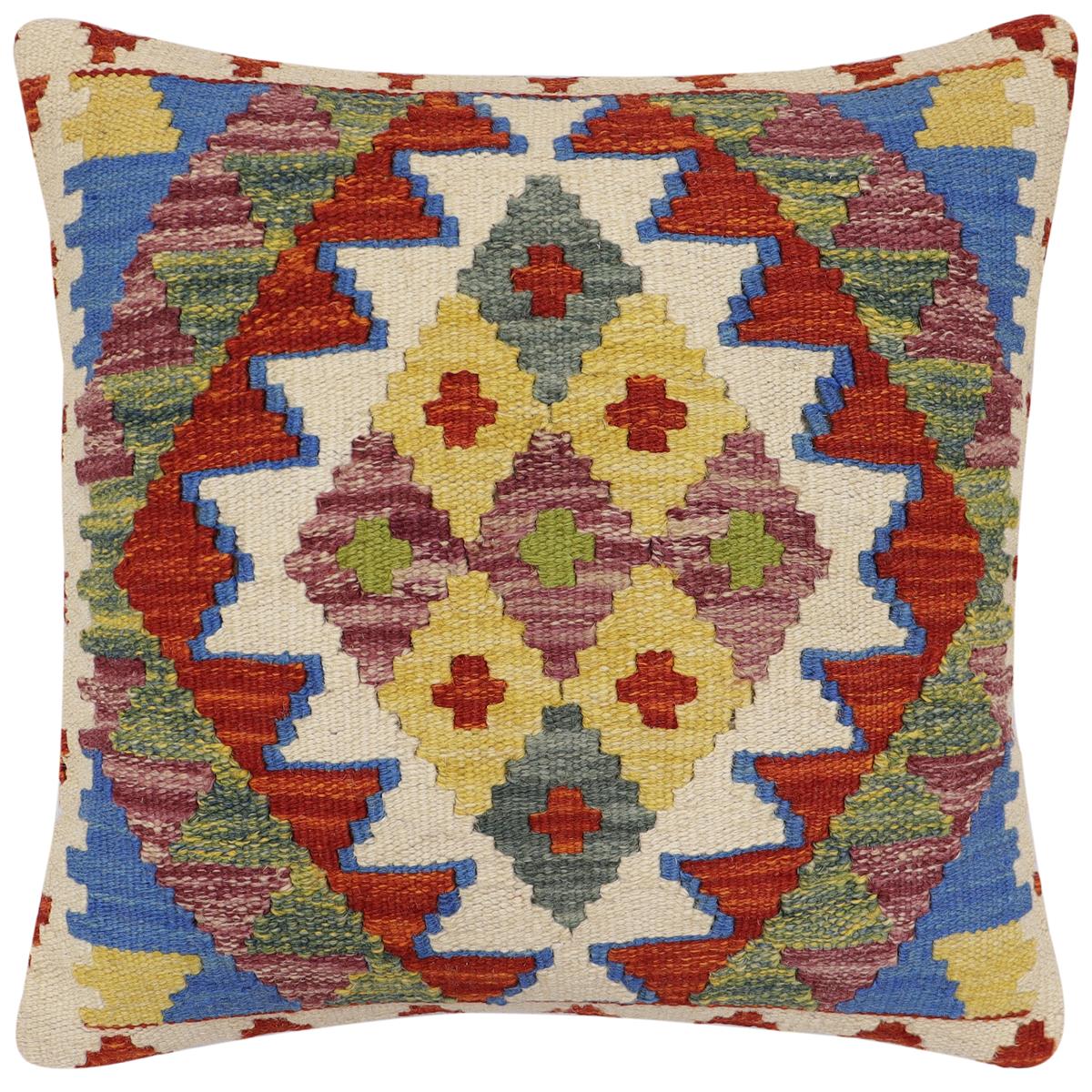 handmade Traditional Pillow Rust Blue Hand-Woven SQUARE 100% WOOL Hand woven turkish pillow2' x 2'
