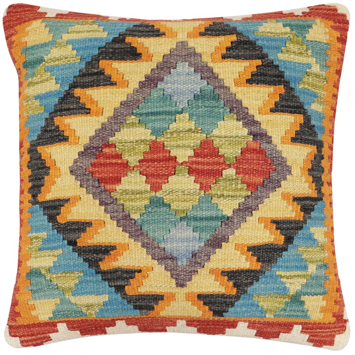 handmade Traditional Pillow Rust Blue Hand-Woven SQUARE 100% WOOL Hand woven turkish pillow2' x 2'