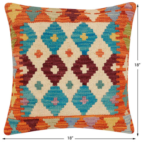 handmade Traditional Pillow Rust Blue Hand-Woven SQUARE 100% WOOL Hand woven turkish pillow2 x 2