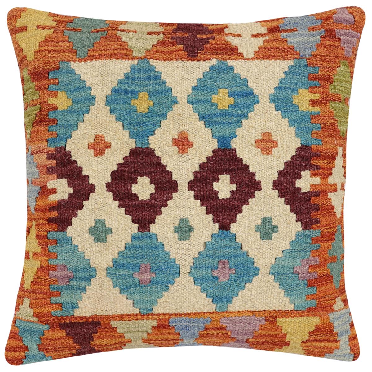 handmade Traditional Pillow Rust Blue Hand-Woven SQUARE 100% WOOL Hand woven turkish pillow2' x 2'