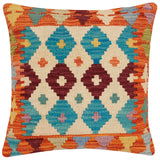 handmade Traditional Pillow Rust Blue Hand-Woven SQUARE 100% WOOL Hand woven turkish pillow2' x 2'