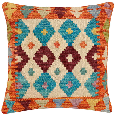 handmade Traditional Pillow Rust Blue Hand-Woven SQUARE 100% WOOL Hand woven turkish pillow2 x 2