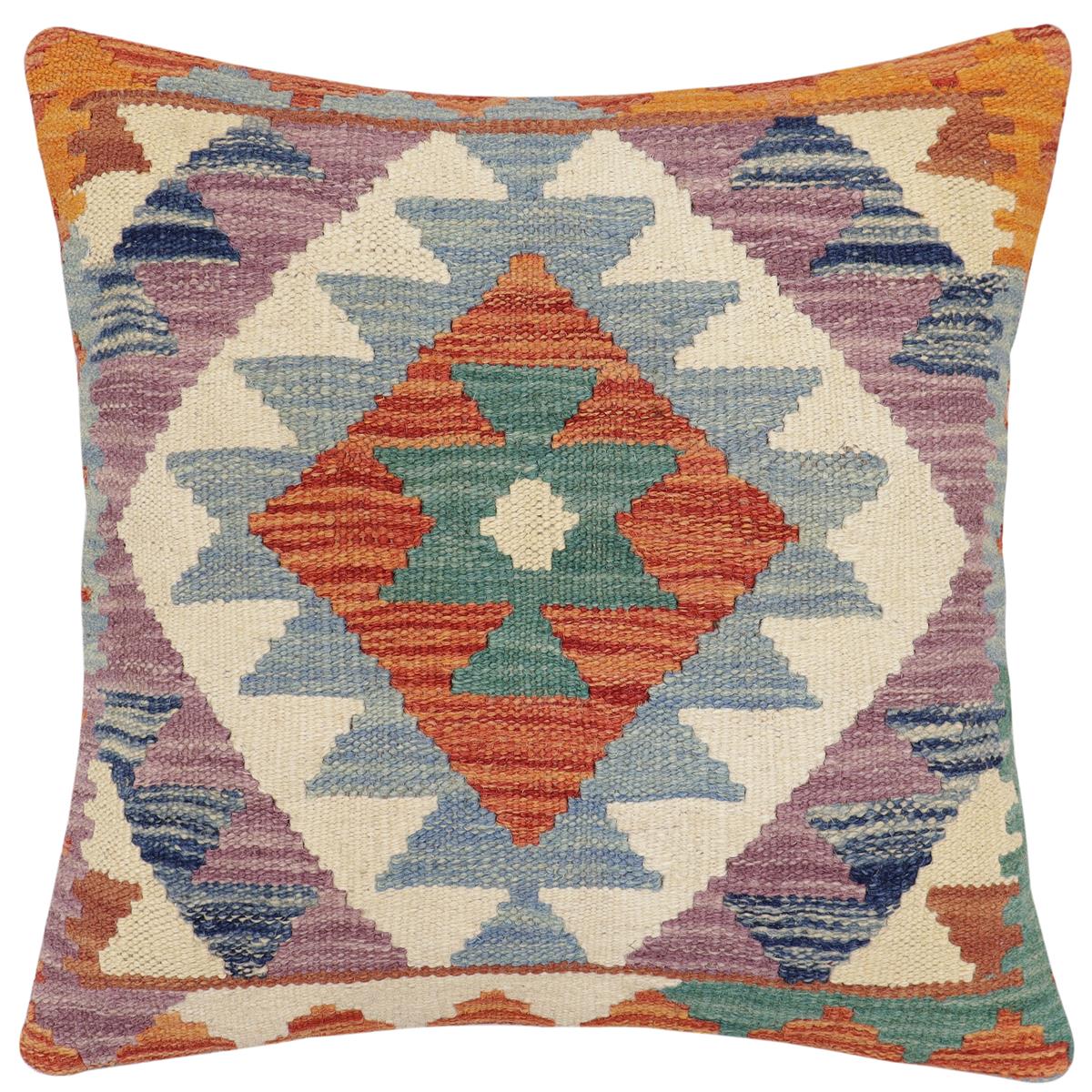 handmade Traditional Pillow Rust Blue Hand-Woven SQUARE 100% WOOL Hand woven turkish pillow2' x 2'