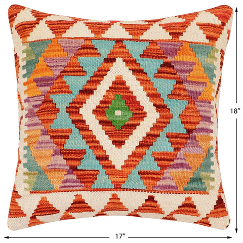 handmade Traditional Pillow Rust Blue Hand-Woven SQUARE 100% WOOL  Hand woven turkish pillow  2 x 2