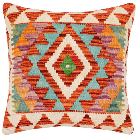 handmade Traditional Pillow Rust Blue Hand-Woven SQUARE 100% WOOL  Hand woven turkish pillow  2 x 2