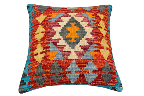 handmade Traditional Pillow Rust Blue Hand-Woven SQUARE 100% WOOL  Hand woven turkish pillow  2 x 2