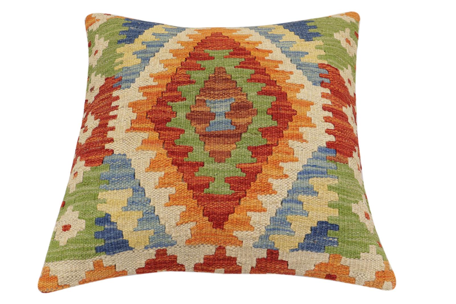 handmade Traditional Pillow Rust Blue Hand-Woven SQUARE 100% WOOL Hand woven turkish pillow2' x 2'