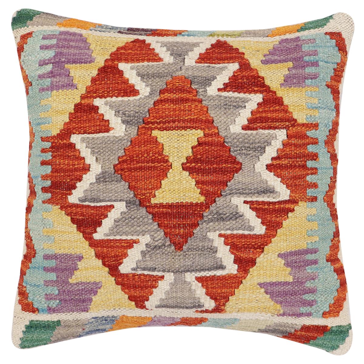 handmade Traditional Pillow Rust Blue Hand-Woven SQUARE 100% WOOL  Hand woven turkish pillow  2 x 2