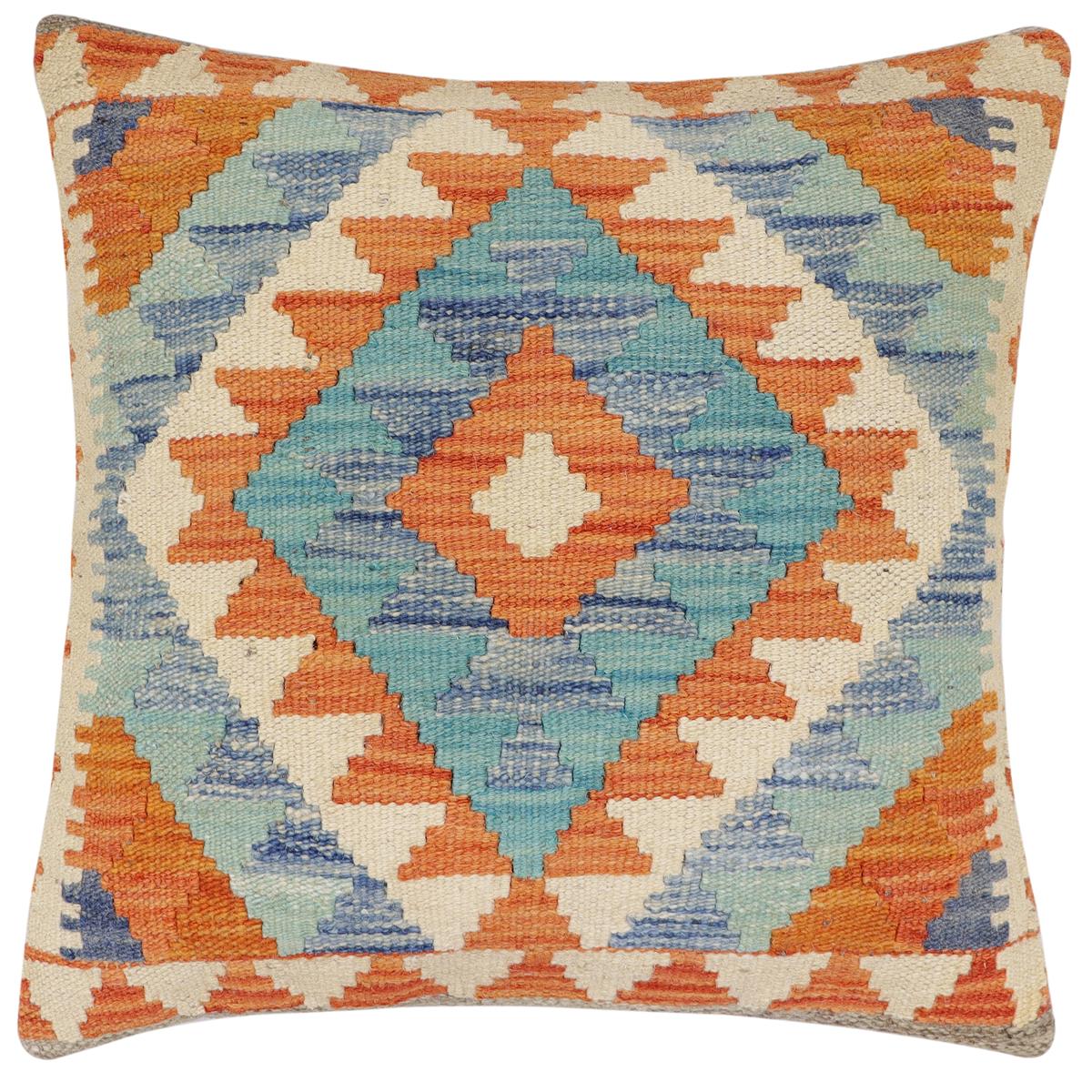 handmade Traditional Pillow Rust Blue Hand-Woven SQUARE 100% WOOL Hand woven turkish pillow2' x 2'