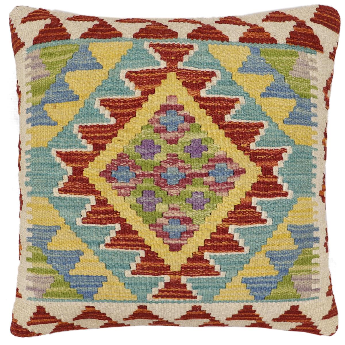 handmade Traditional Pillow Rust Blue Hand-Woven SQUARE 100% WOOL Hand woven turkish pillow2' x 2'