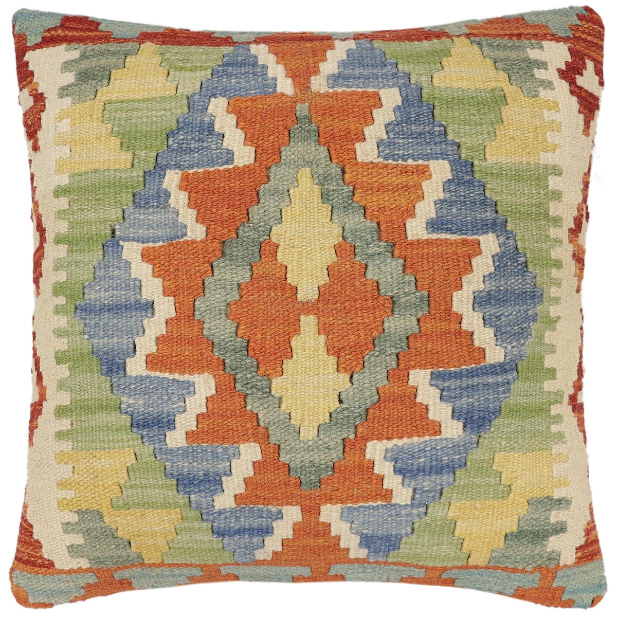 handmade Traditional Pillow Rust Blue Hand-Woven SQUARE 100% WOOL  Hand woven turkish pillow  2 x 2