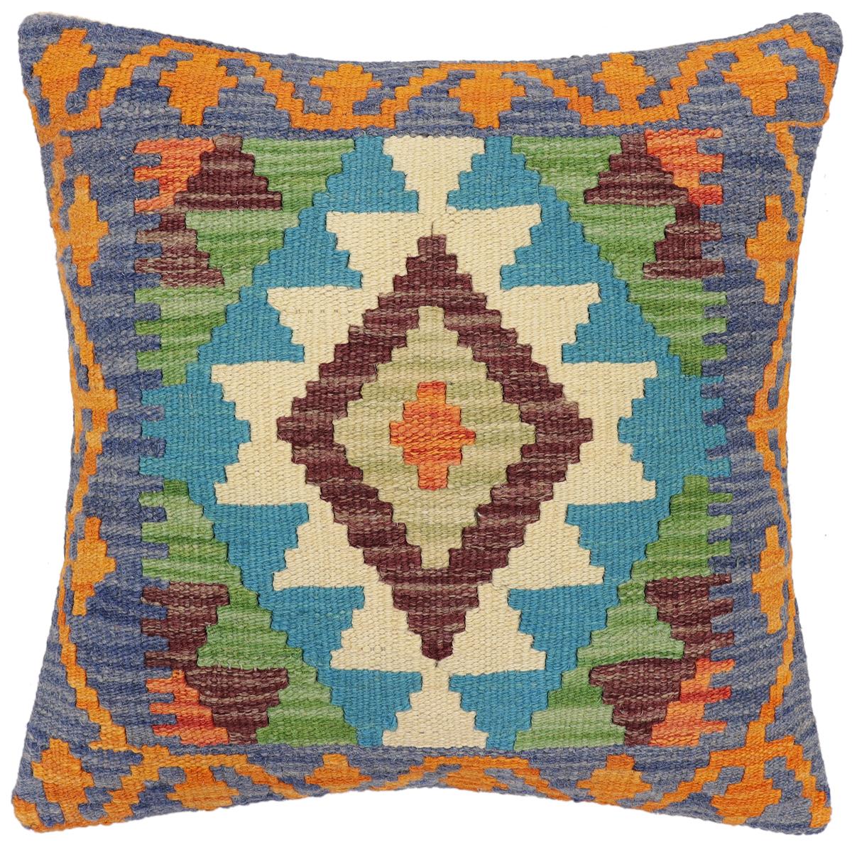 handmade Traditional Pillow Blue Rust Hand-Woven SQUARE 100% WOOL Hand woven turkish pillow2' x 2'