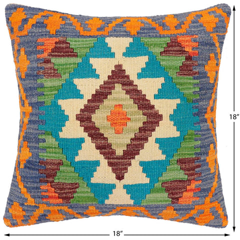 handmade Traditional Pillow Blue Rust Hand-Woven SQUARE 100% WOOL Hand woven turkish pillow2 x 2