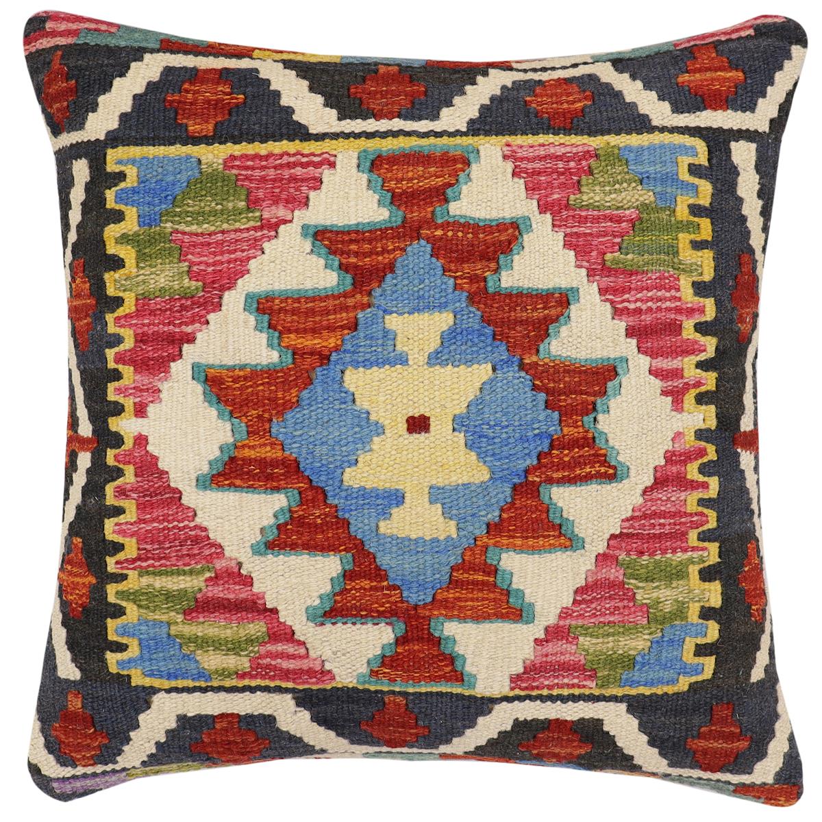 handmade Traditional Pillow Rust Blue Hand-Woven SQUARE 100% WOOL Hand woven turkish pillow2' x 2'
