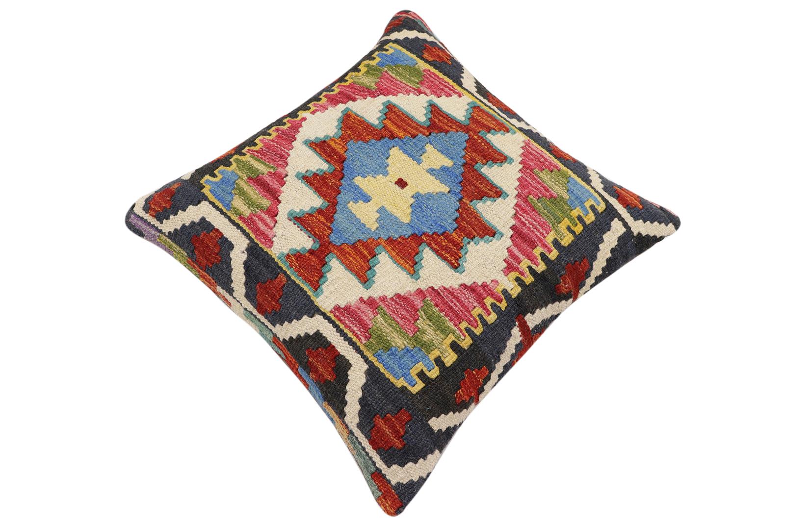 handmade Traditional Pillow Rust Blue Hand-Woven SQUARE 100% WOOL Hand woven turkish pillow2' x 2'