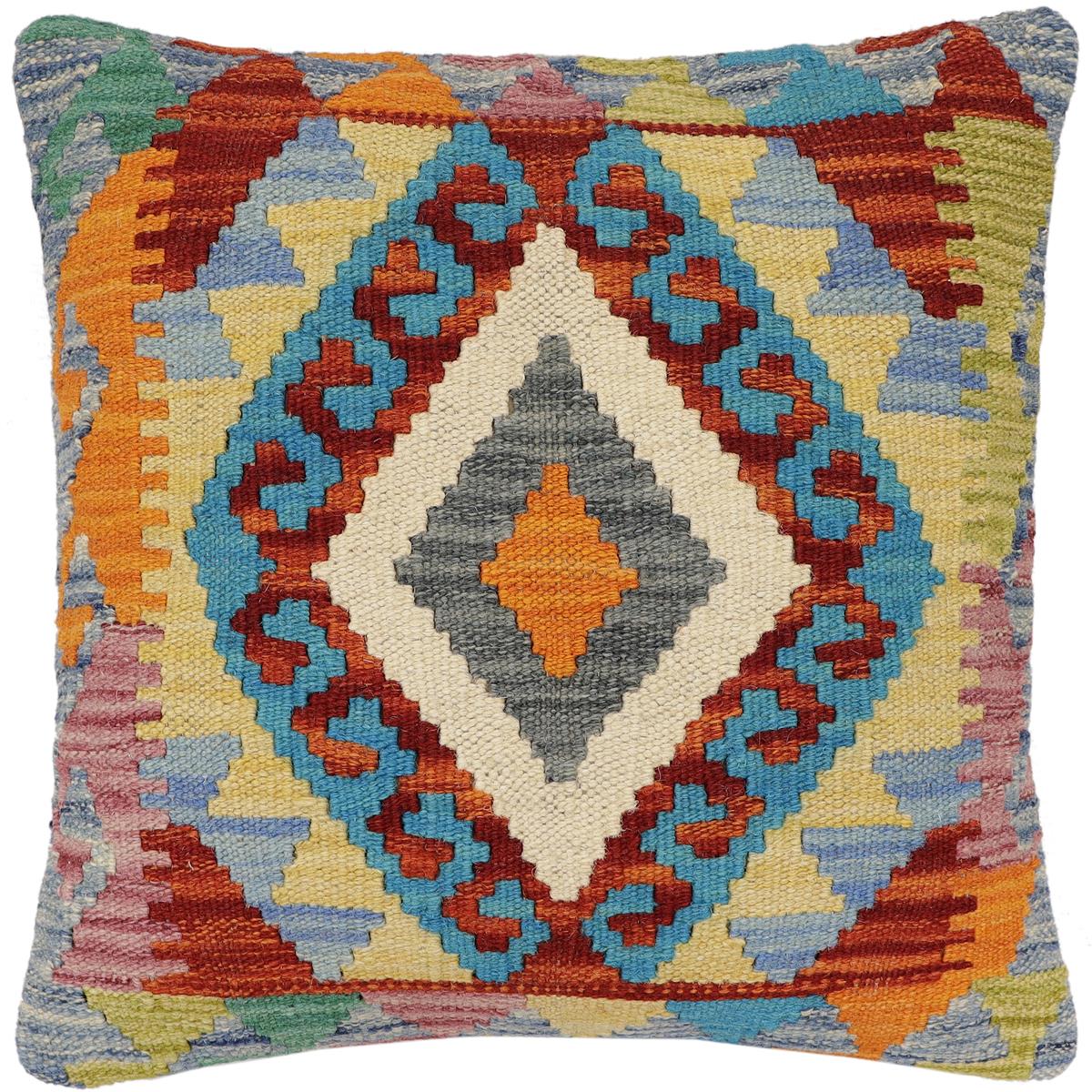 handmade Traditional Pillow Rust Blue Hand-Woven SQUARE 100% WOOL Hand woven turkish pillow2' x 2'