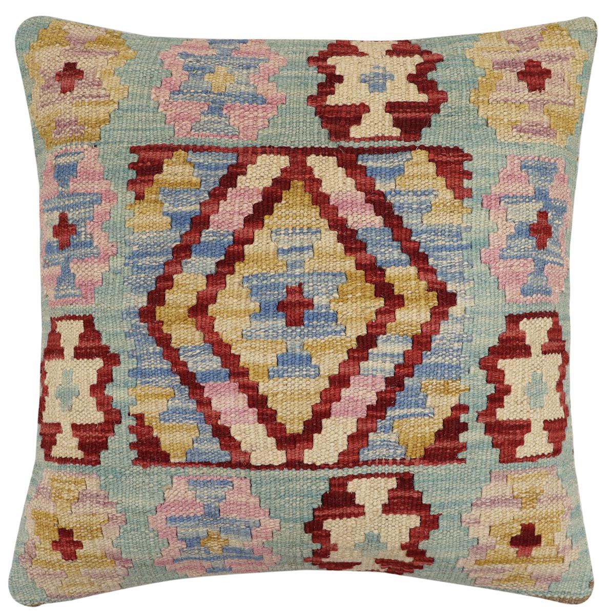 handmade Traditional Pillow Blue Red Hand-Woven SQUARE 100% WOOL Hand woven turkish pillow2 x 2