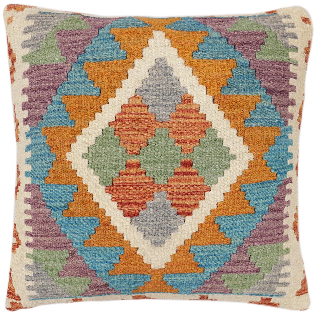 handmade Traditional Pillow Rust Blue Hand-Woven SQUARE 100% WOOL  Hand woven turkish pillow  2 x 2